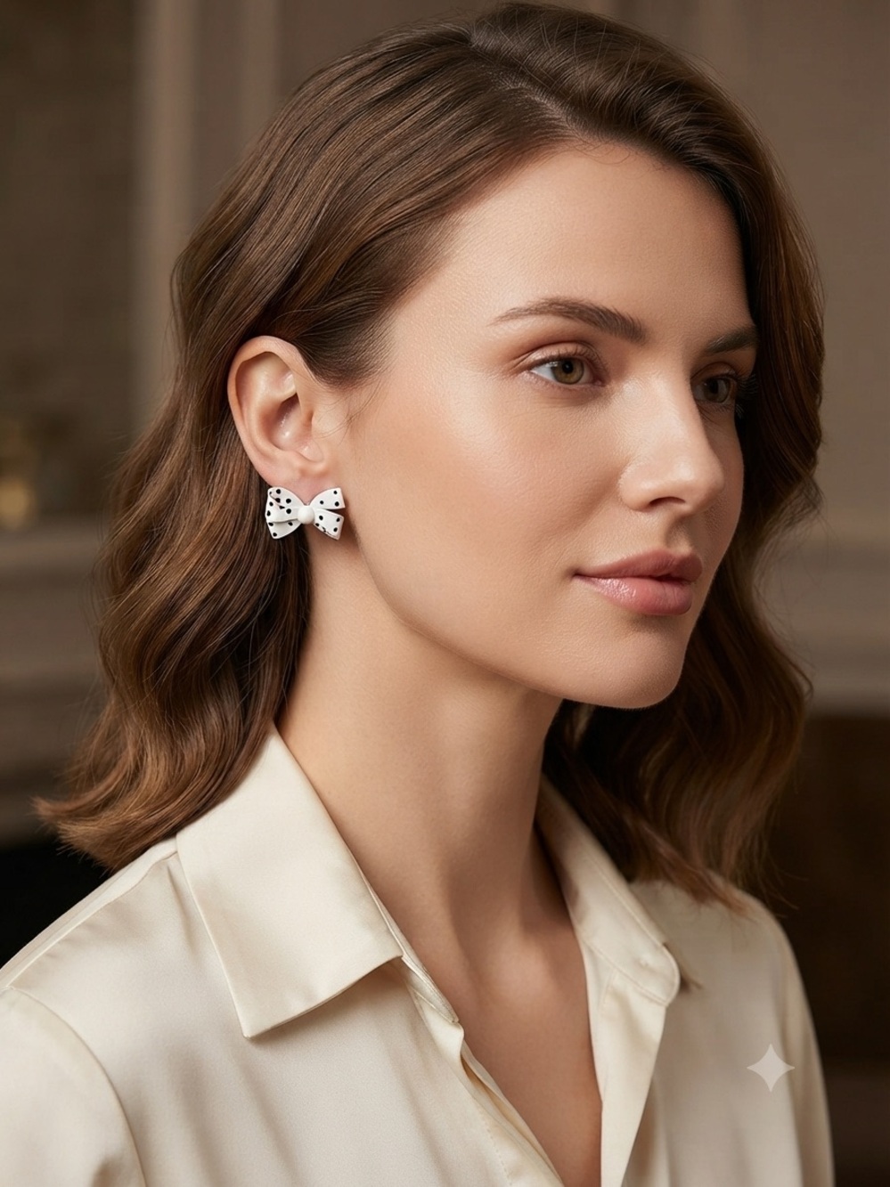 White Polka Dot Bow Stud Earrings - Feminine Women Jewelry